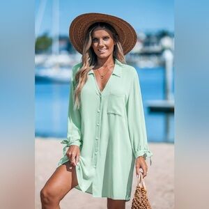 Cupshe Collared V-neck long sleeve cover up - light green - size XL - NEW!